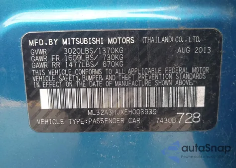 2014 Mitsubishi Mirage De z USA, uszkodzony, nr VIN ML32A3HJXEH003939
